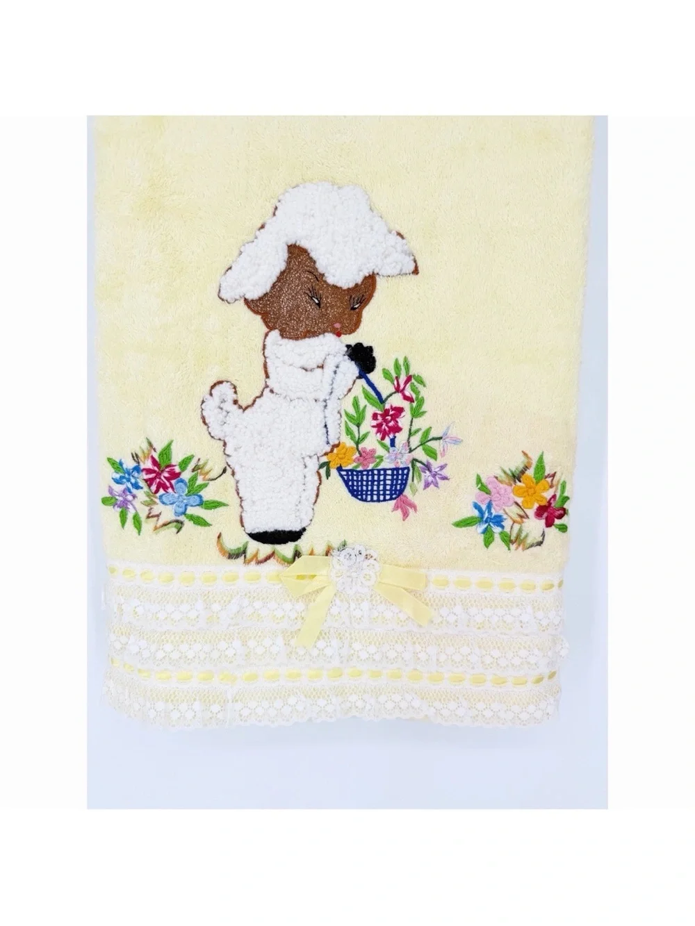Vintage Lady Pepperell Cotton Yellow Bath Towel With Fluffy Lamb Floral Lace Bow